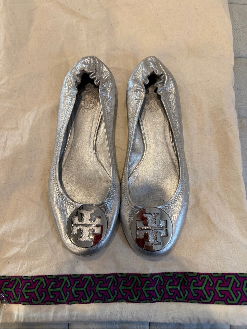Tory Burch Metallic Silver Logo Reva Ballet Flats